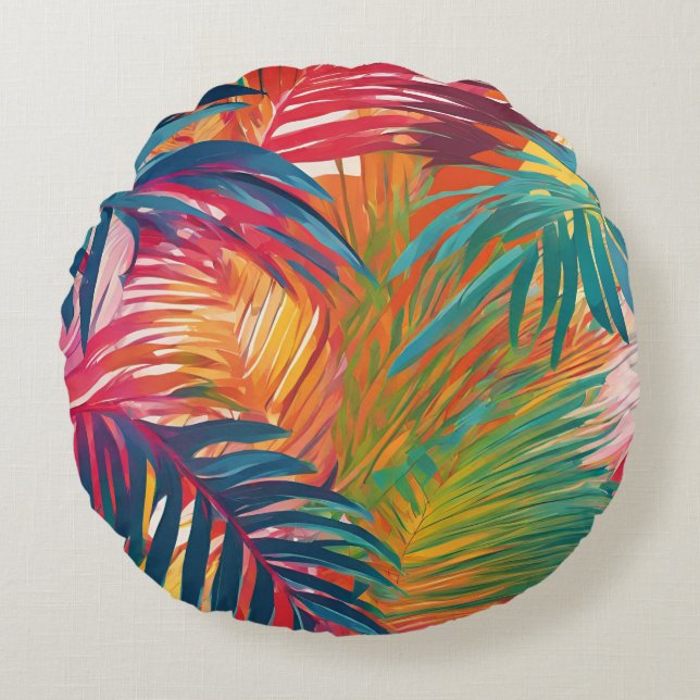 Färgfulla Tropical Lövs Handflatan Fronts Rund Kudde (Framsidan)