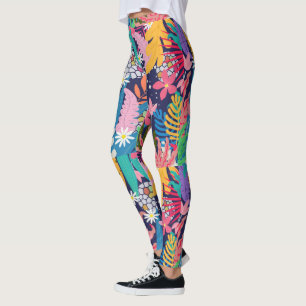 Färgfulla tropiska djungelblommor och löv leggings