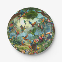 Färgfulla tropiska fåglar bland vibrerande, lush-v