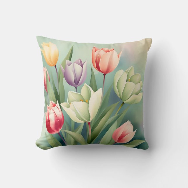 Färgfulla tulips Vattenfärg Romantic Kudde (Framsida)