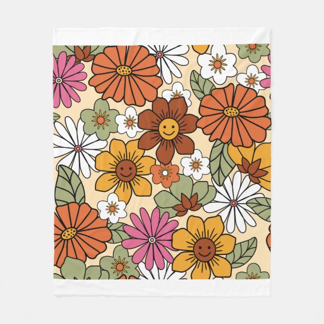 Färgfullt 70-tal stil-blommönster. VINTAGE b Fleecefilt (Framsidan)
