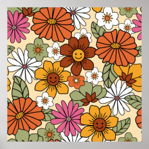Färgfullt 70-tal stil-blommönster. VINTAGE b Poster