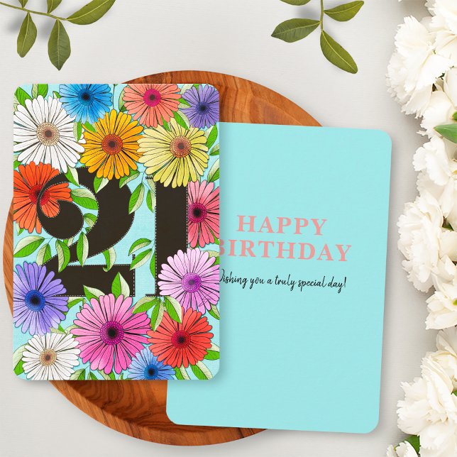 Färgfullt Aqua Blue Blommigt Lycklig 21:a födelsed (Skapare uppladdad)