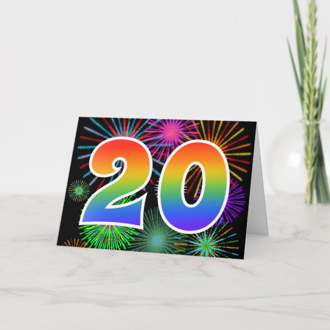 Färgfullt Fireworks + Rainbow Mönster "20" Händels Kort (Framsida)
