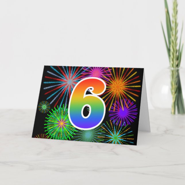 Färgfullt Fireworks + Rainbow Mönster "6" Händelse Kort (Framsida)