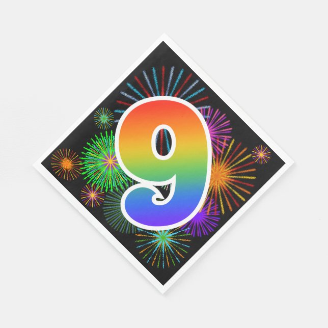 Färgfullt Fireworks + Rainbow Mönster ’9’ Händelse Pappersservett (Hörn)