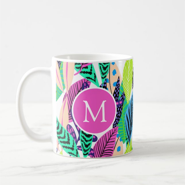 Färgfullt modernt tropiskt botaniskt monogram kaffemugg (Vänster)