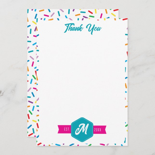 Färgfullt regnbåge Sprinkles Retro Monogram Tack Kort (Fram/baksida)