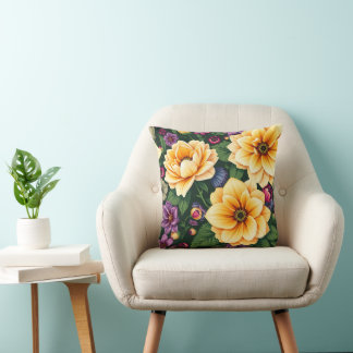 Färgfylld Blommigt för Bright Gult & Lila blommor Kudde