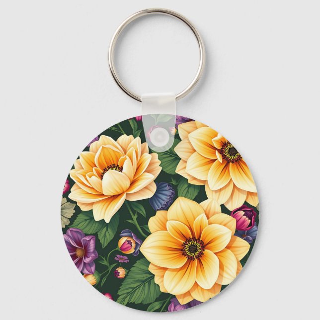 Färgfylld Blommigt för Bright Gult & Lila blommor Nyckelring (Framsida)