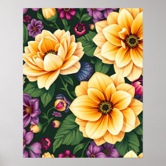 Färgfylld Blommigt för Bright Gult & Lila blommor Poster