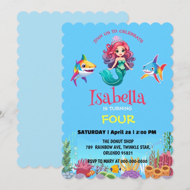 Färgfylld födelsedagsfest för regnbågshaj i Sjöjun Inbjudningar (Fram/baksida)