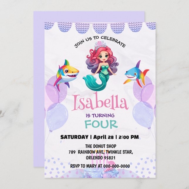 Färgfylld födelsedagsfest för regnbågshaj i Sjöjun Inbjudningar (Fram/baksida)