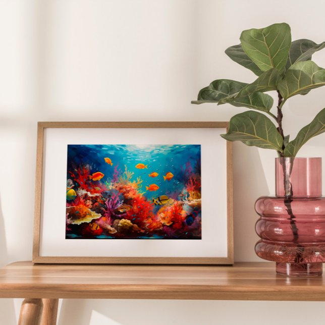 Färgfylld korallrev Digital Oljemålning Poster (Dive into the enchanting world of the oceans wonders with this exquisite oil painting.)
