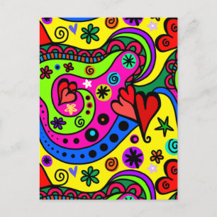 Färgfyllda Abstrakter Doodle Art Hearts and Flower Vykort