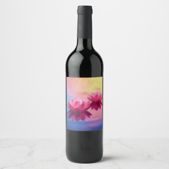 Färgfyllda Abstrakter Lotus Flowers Vinflaska Etikett (Framsida)