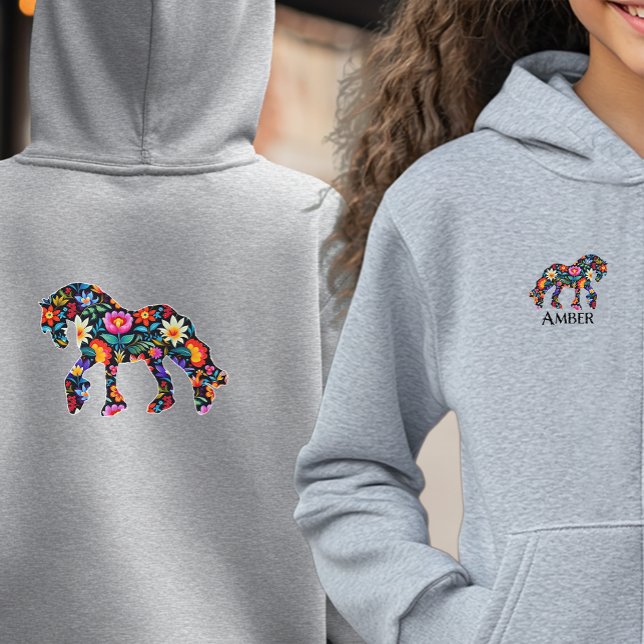 Färgfyllda Blommigtar av  Horse Hooded Sweatshirt T Shirt (Youth floral draft horse hoodie in gray)