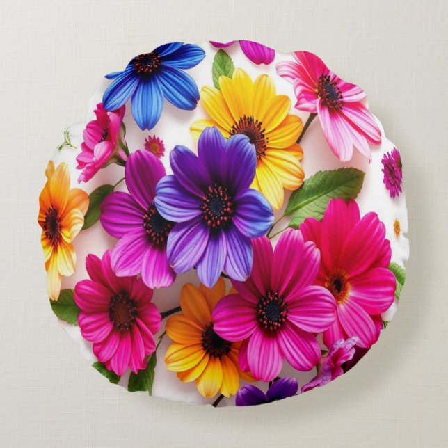 Färgfyllda blommor Dekorfärg Rund Kudde (Framsidan)