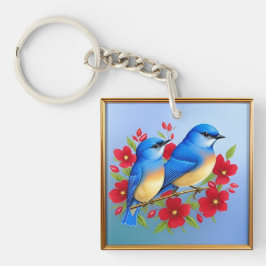 Färgfyllda Bluebirds mellan Röda blommor