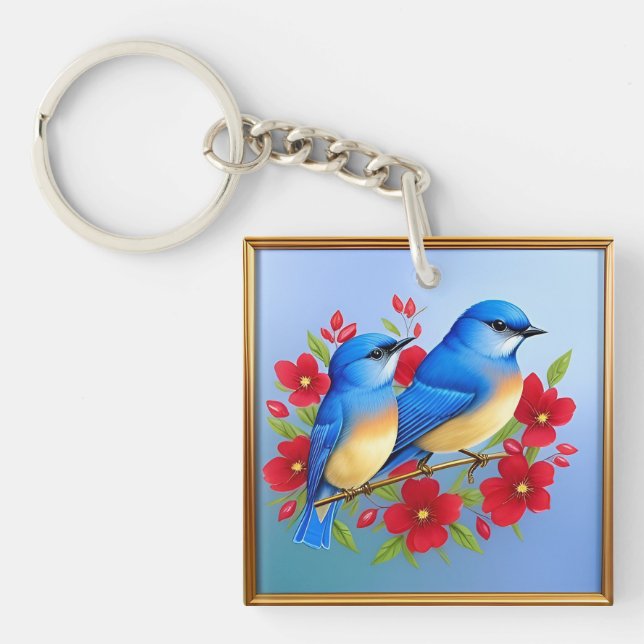 Färgfyllda Bluebirds mellan Röda blommor (Framsidan)
