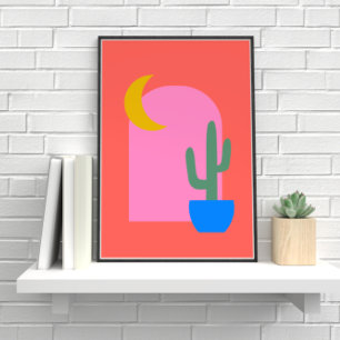 Färgfyllda Boho Cactus Måne Shapes in Red and Rosa Poster