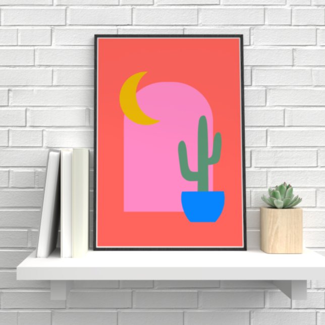 Färgfyllda Boho Cactus Måne Shapes in Red and Rosa Poster (Skapare uppladdad)