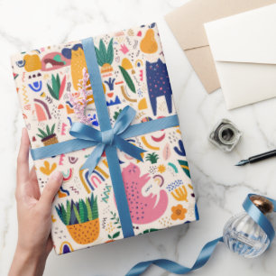 Färgfyllda Boho Desert Cats Plants Mönster Presentpapper