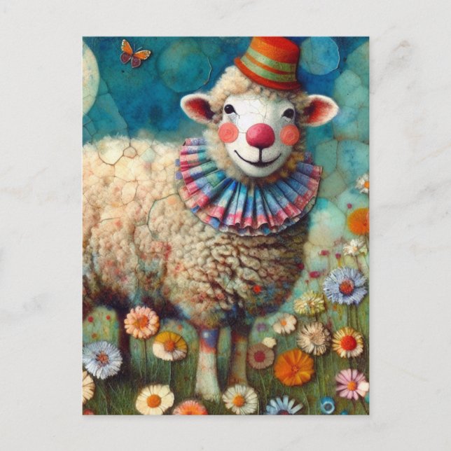 Färgfyllda cirkus Clown Sheep Vykort (Framsida)