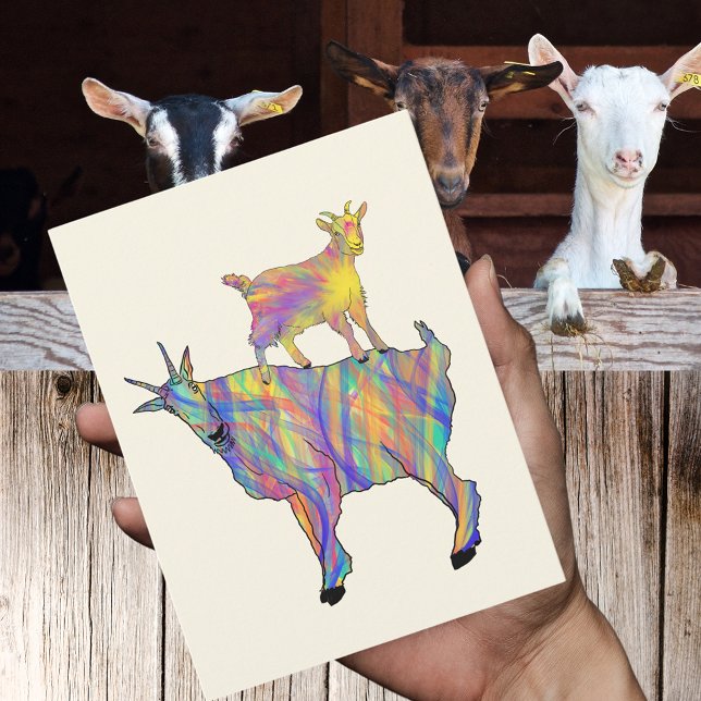 Färgfyllda Cute Psychedelic-getter Farm Animal Art Vykort (Cute goats standing on things colorful farm animal art watercolor postcard)