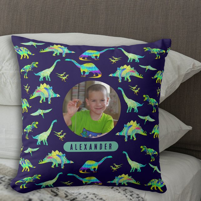 Färgfyllda Dinosaur Personlig Boys Photo and Namn Kudde (Colorful dinosaur pattern personalized name and photo boys navy blue and green pillow)