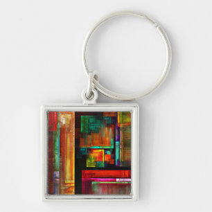Färgfyllda fyrkanter Modern Abstrakt Art Mönster # Fyrkantig Silverfärgad Nyckelring