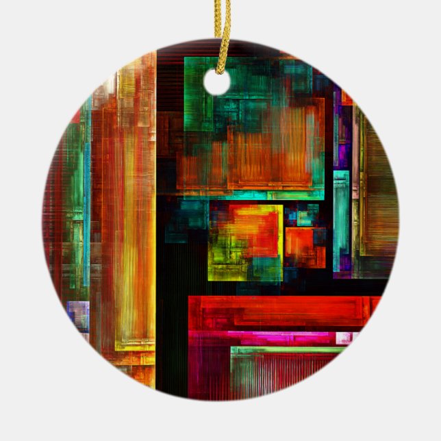 Färgfyllda fyrkanter Modern Abstrakt Art Mönster # Julgransprydnad Keramik (Framsidan)
