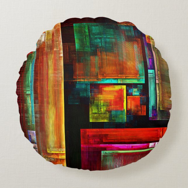 Färgfyllda fyrkanter Modern Abstrakt Art Mönster # Rund Kudde (Framsidan)