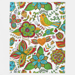 Färgfyllda glitter Retro Flowers Butterflies & Bir Fleecefilt