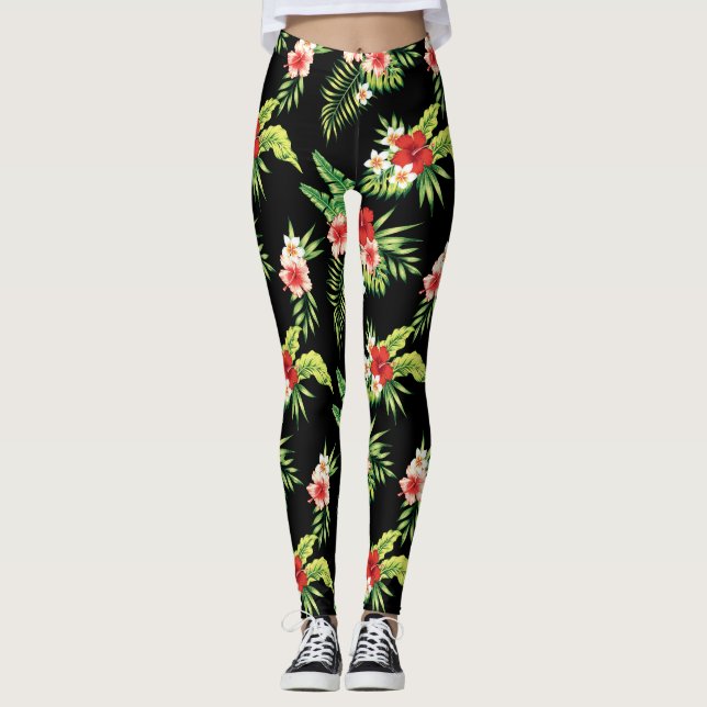 Färgfyllda Hibiscus Blommor utan sjölösa Mönster Leggings (Framsida)