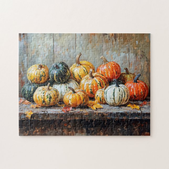 Färgfyllda höstpumpar på Rustic Bord Pussel (Horisontell)
