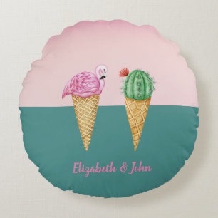 Färgfyllda iskrämer Cones Cactus Rosa Flamingos Rund Kudde