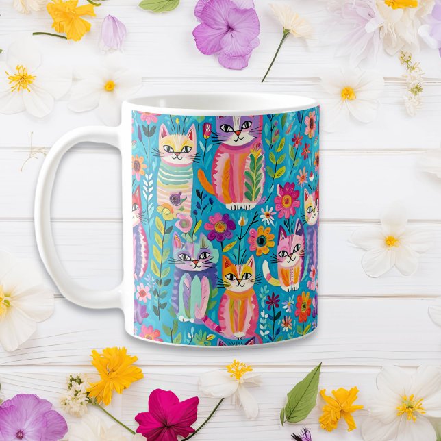 Färgfyllda katter och blommor Whimsical Birthday Kaffemugg (Skapare uppladdad)
