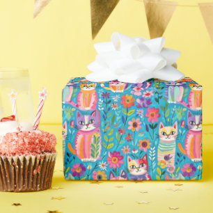 Färgfyllda katter och blommor Whimsical Birthday Presentpapper