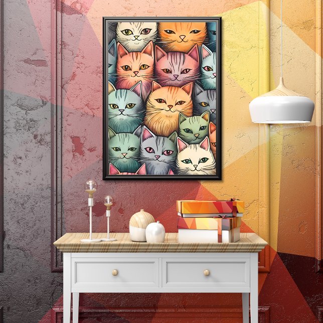Färgfyllda katter Vitaktig docka oinramad Poster (This whimsical poster is available with or without a mat.)