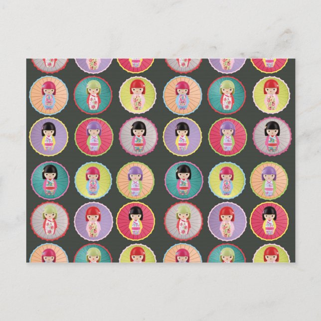 Färgfyllda Kokeshi Dolls Vykort (Framsida)