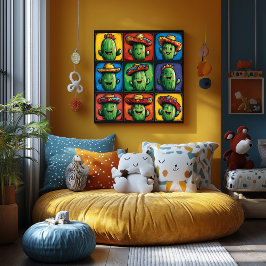 Färgfyllda leende Cactus Grid Art för barn rum Poster