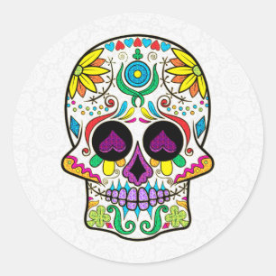 Färgfyllda Lilor för Retro Blommigt Sugar Skull Hj Runt Klistermärke