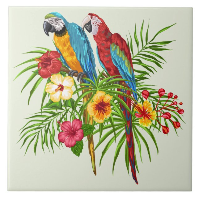 Färgfyllda Macaw Parrots och Hibiscus Flowers Kakelplatta (Framsidan)