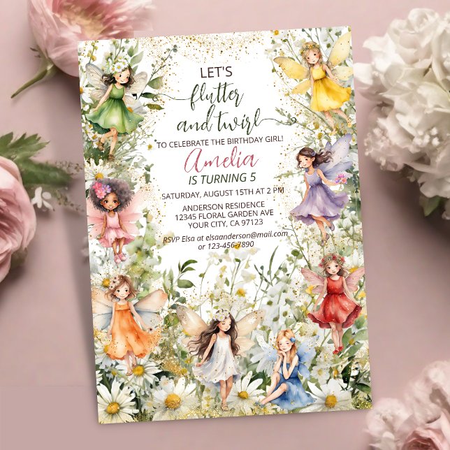 Färgfyllda magiska Pixie Fairy Blommigt Girls Birt Inbjudningar (Skapare uppladdad)