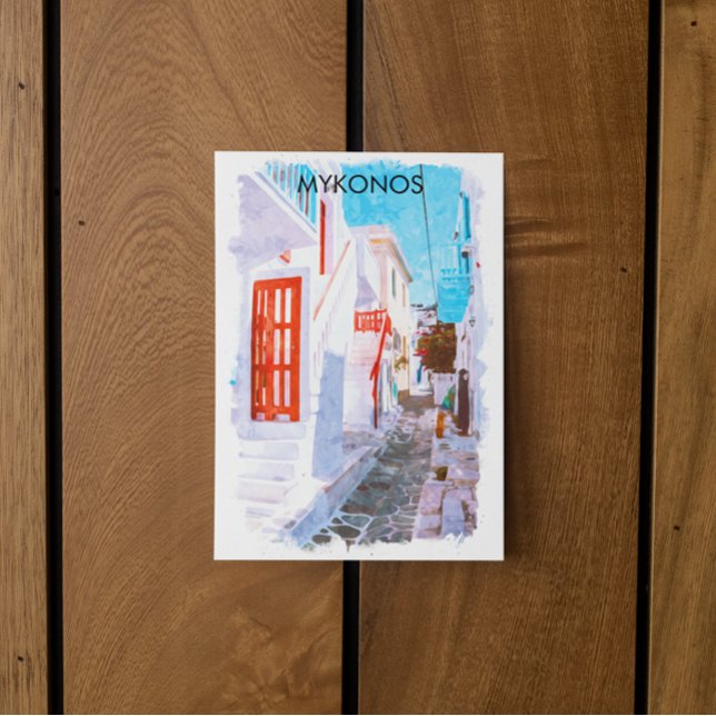 Färgfyllda Mykonos Greece Retro Travel Watercolor Vykort (mykonos greece watercolor postcard)