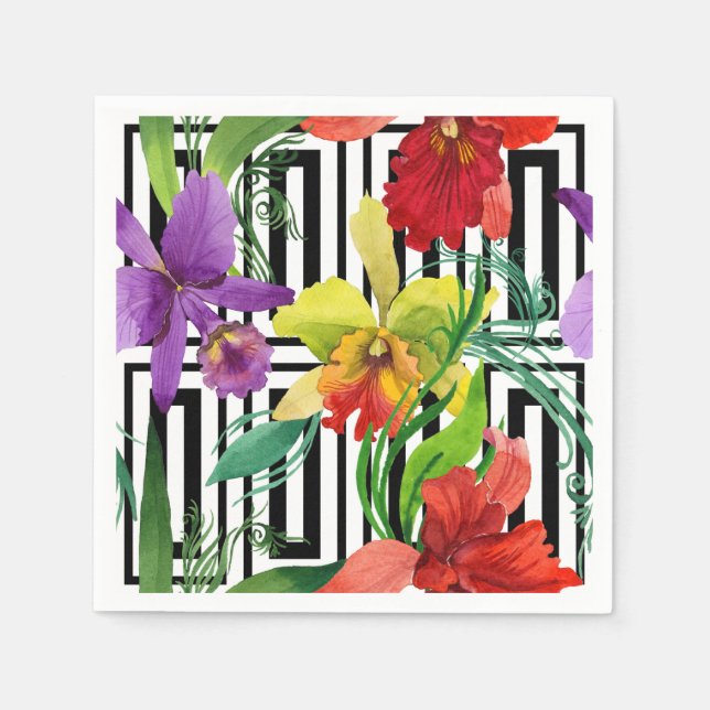Färgfyllda orkidblommor Vattenfärg Mönster Pappersservett (Framsidan)