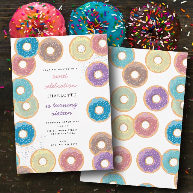Färgfyllda pastelldonuts & Sprinkles Barns födelse Inbjudningar (Colorful Pastel Donuts & Sprinkles Kids Birthday Invitation)