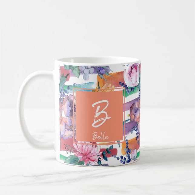 Färgfyllda penseldrag Monogram Blommigt Mugg (Vänster)