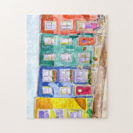 Färgfyllda radhus Vattenfärgsillustration Pussel